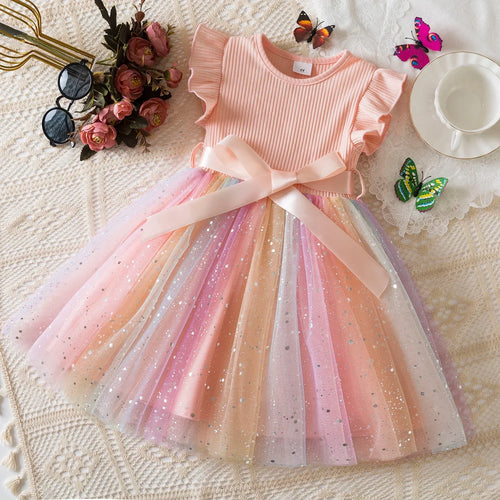 New Girls Dress for Sequins Birthday 1-5Y Toddler Girls Rainbow Tulle
