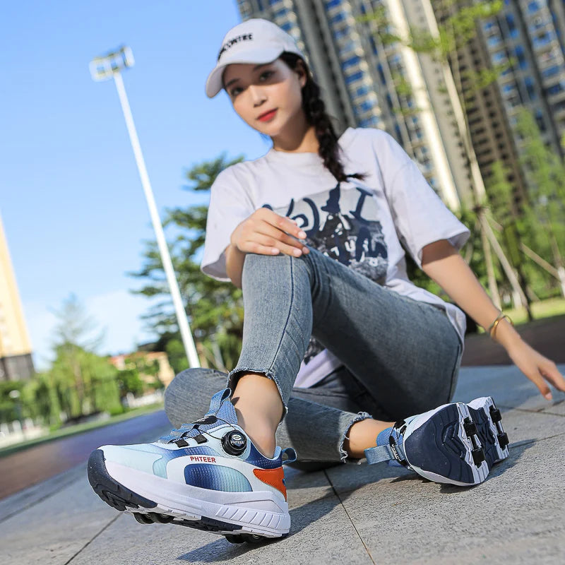 Kids Two Wheels Roller Skating Shoes With Light Magic Stick Walking