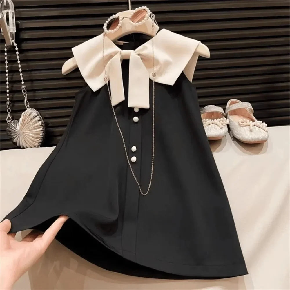 Korean Version Black Sleeveless Kids Clothes Summer New Bow Decoration