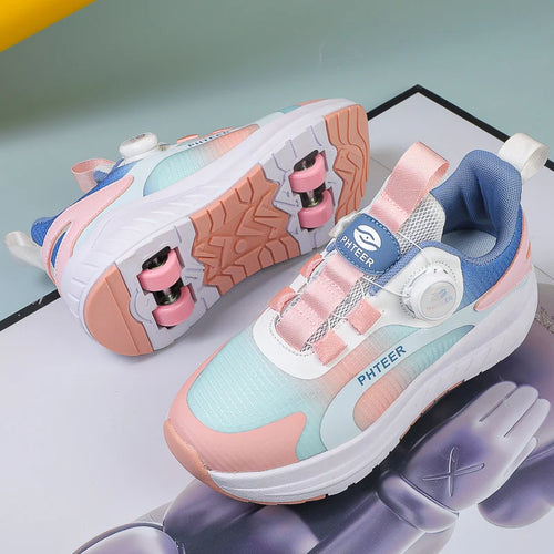 Kids Two Wheels Roller Skating Shoes With Light Magic Stick Walking