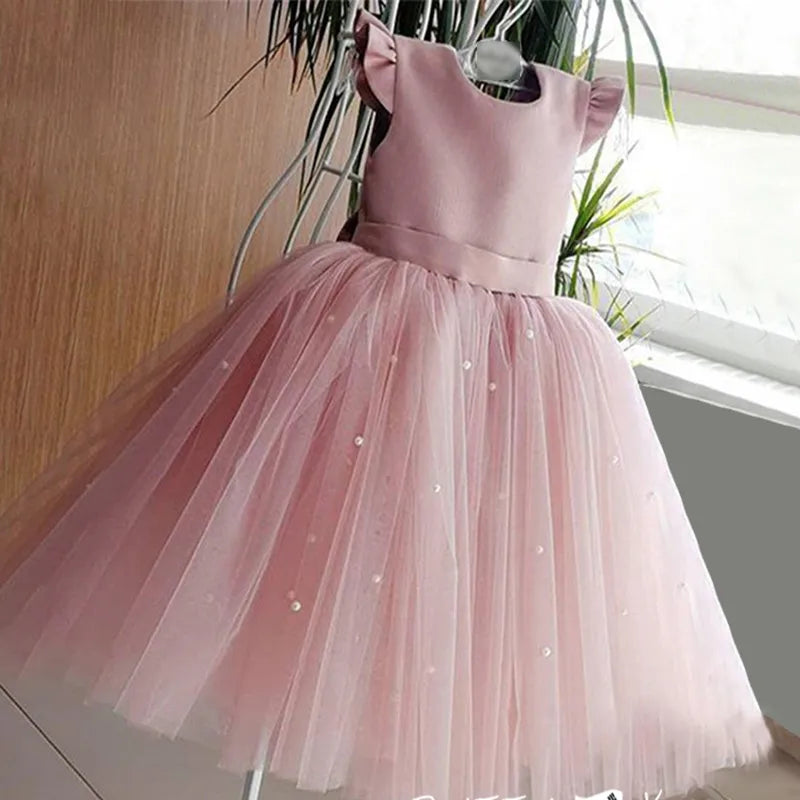 Toddler Girl Flower Birthday Tulle Dress Backless Bow Wedding Gown