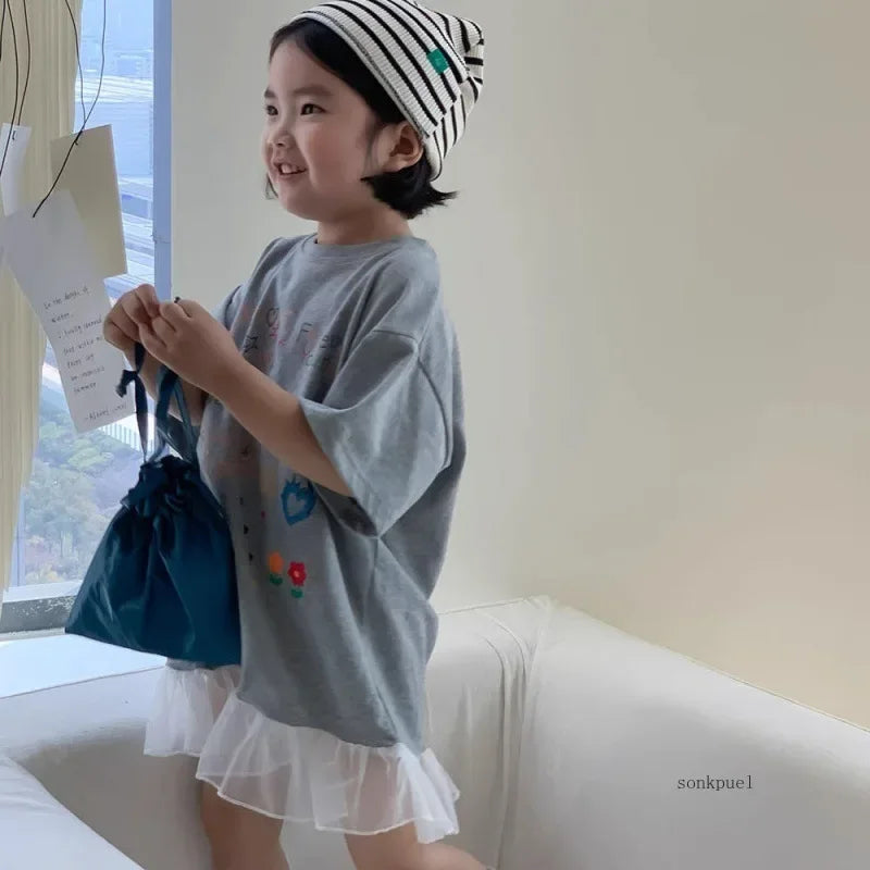 2024 Summer New Girls Short Sleeve Casual Dress Cute Flower Print