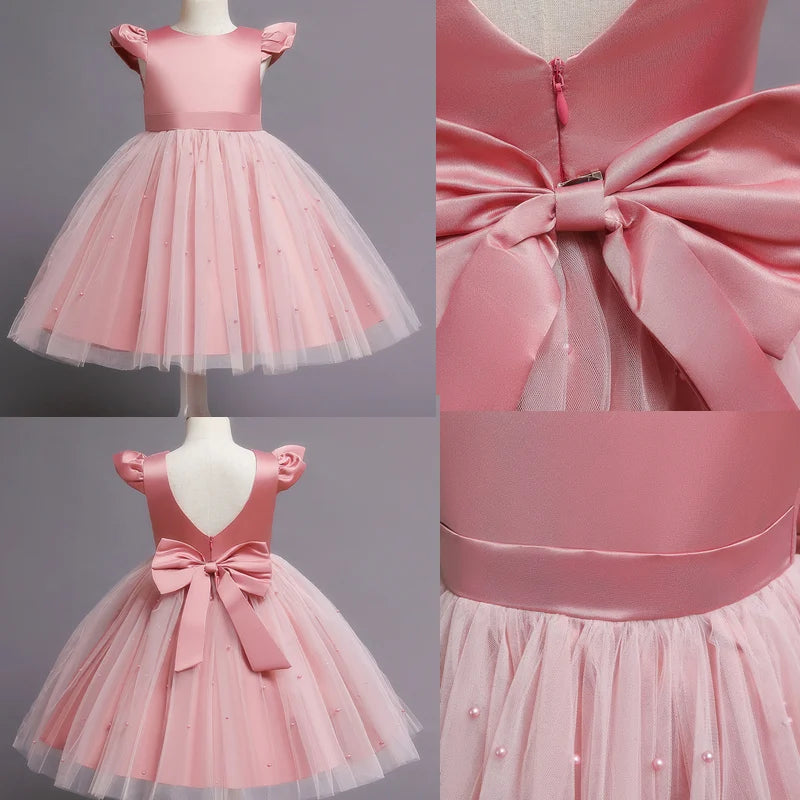 Toddler Girl Flower Birthday Tulle Dress Backless Bow Wedding Gown