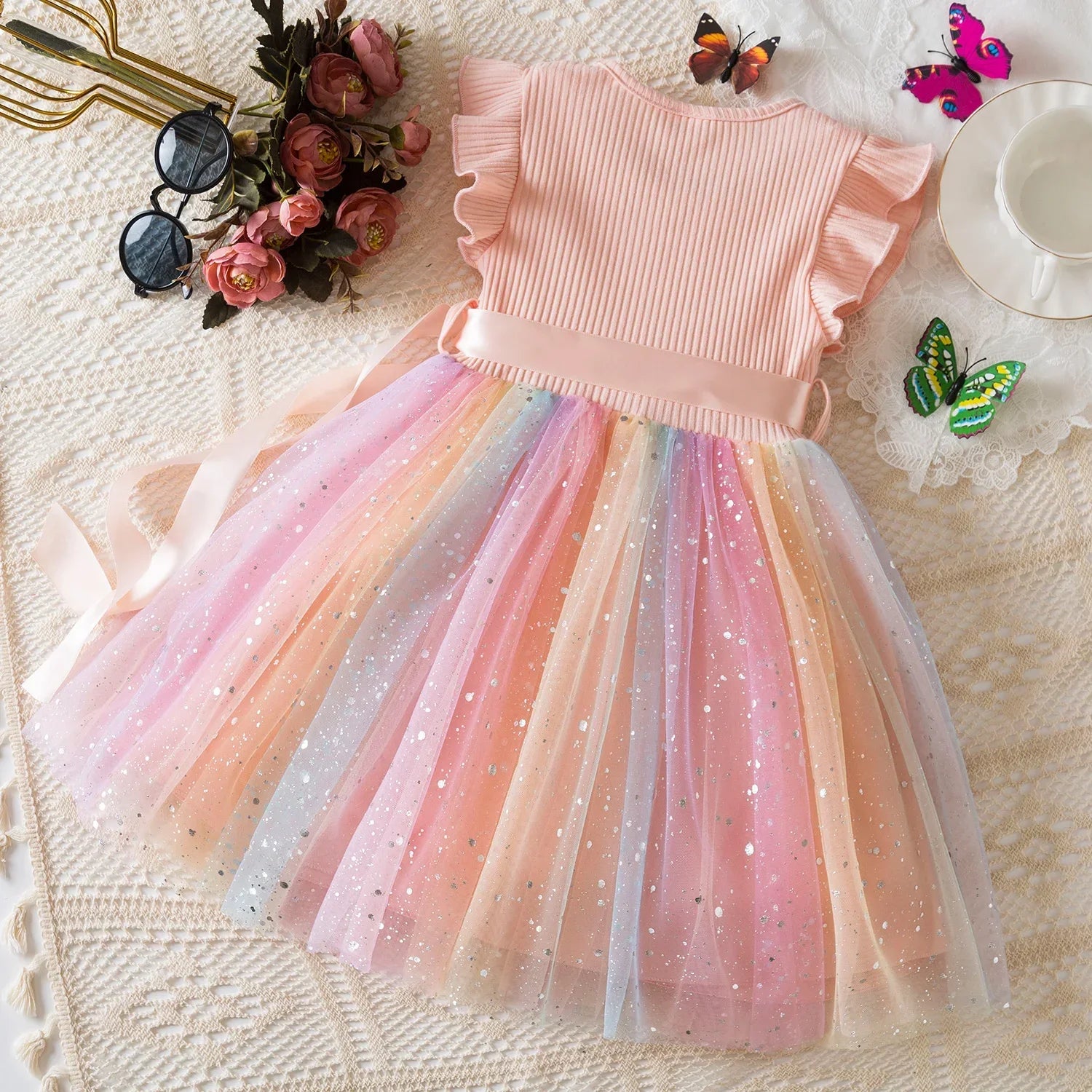 New Girls Dress for Sequins Birthday 1-5Y Toddler Girls Rainbow Tulle