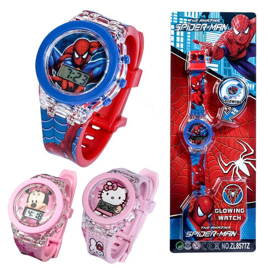 Flash Light Spiderman Kids Watches For Boys Cartoon Hello Kitty Mickey