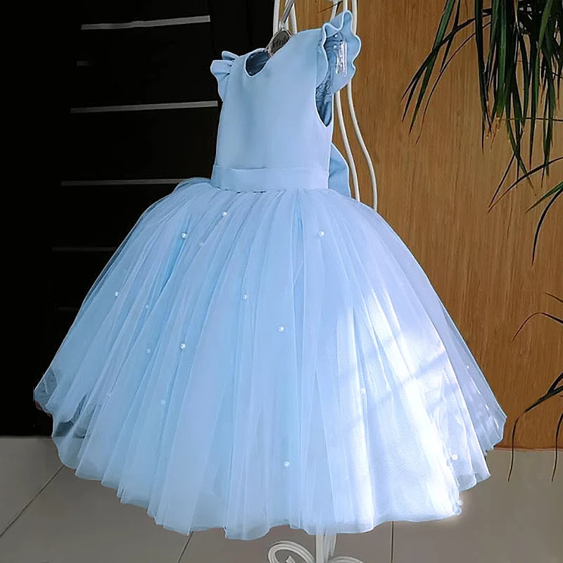 Toddler Girl Flower Birthday Tulle Dress Backless Bow Wedding Gown