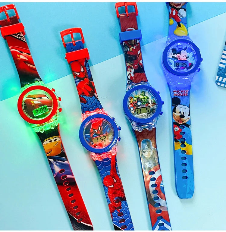 Flash Light Spiderman Kids Watches For Boys Cartoon Hello Kitty Mickey