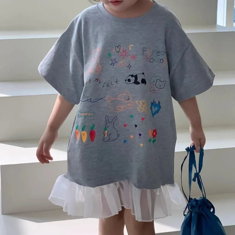 2024 Summer New Girls Short Sleeve Casual Dress Cute Flower Print