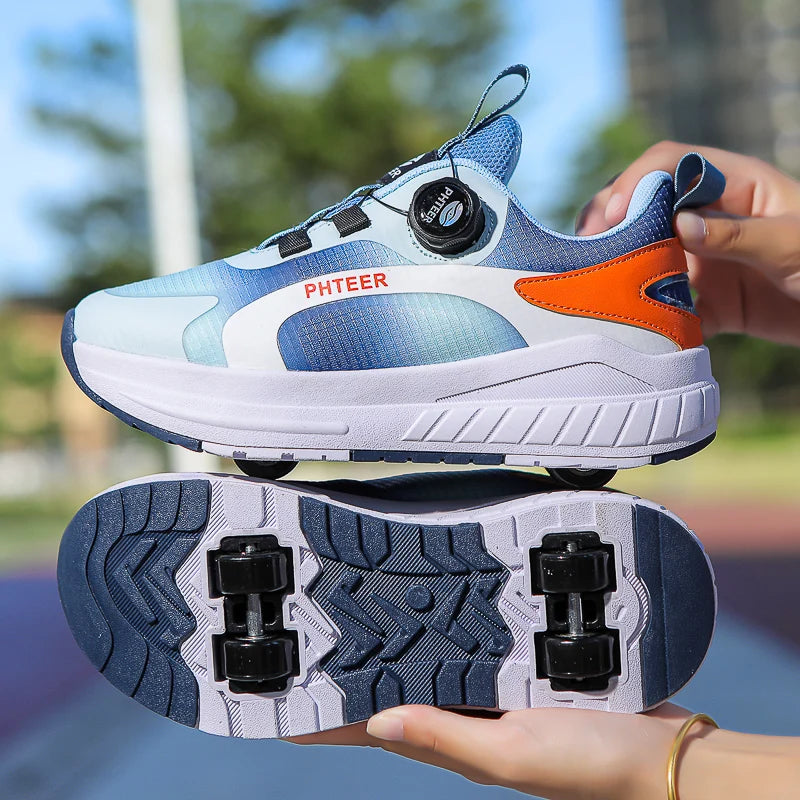 Kids Two Wheels Roller Skating Shoes With Light Magic Stick Walking