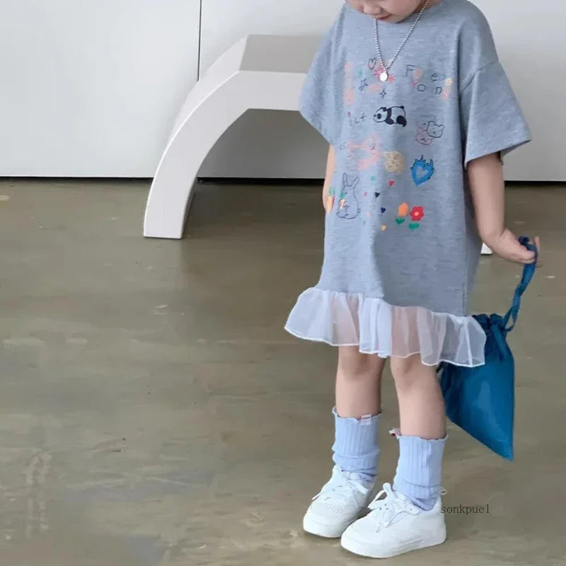 2024 Summer New Girls Short Sleeve Casual Dress Cute Flower Print