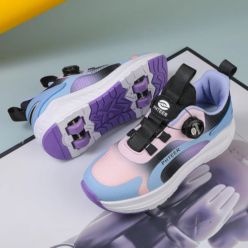 Kids Two Wheels Roller Skating Shoes With Light Magic Stick Walking