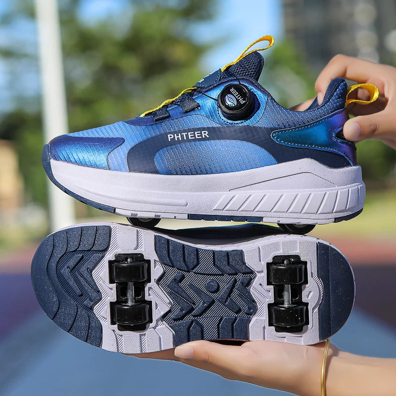 Kids Two Wheels Roller Skating Shoes With Light Magic Stick Walking