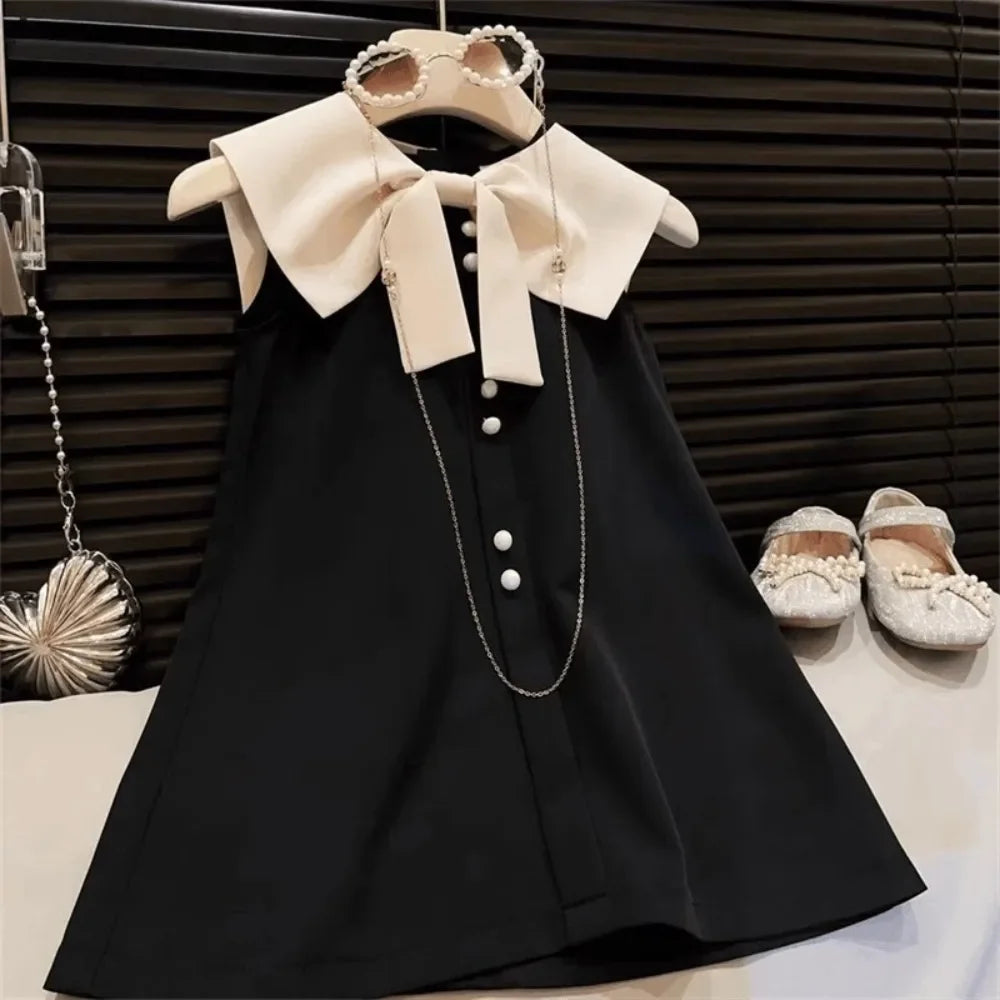 Korean Version Black Sleeveless Kids Clothes Summer New Bow Decoration