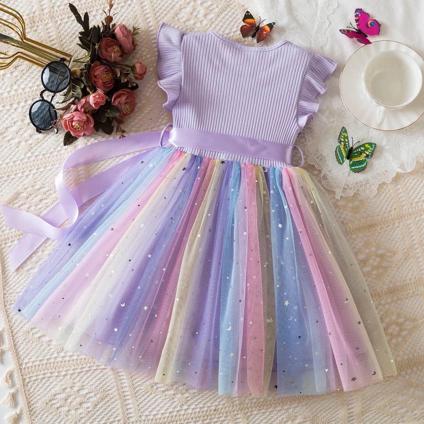 New Girls Dress for Sequins Birthday 1-5Y Toddler Girls Rainbow Tulle