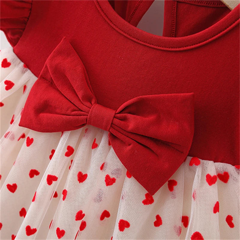 Baby Girl Red Dress Heart Embroidered Mesh Bow Tutu Dress Kids