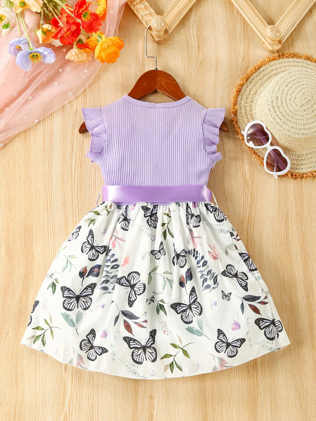 Girls 3-7 Years Old Summer Sweet Casual Ruffled Butterfly Flower Print