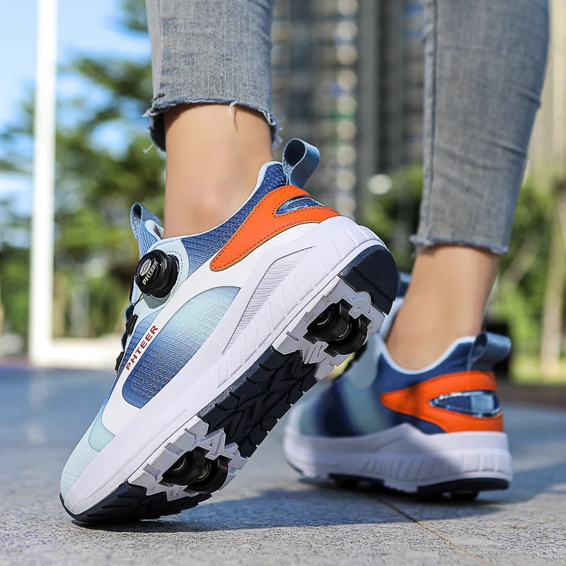 Kids Two Wheels Roller Skating Shoes With Light Magic Stick Walking