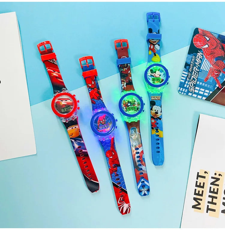 Flash Light Spiderman Kids Watches For Boys Cartoon Hello Kitty Mickey