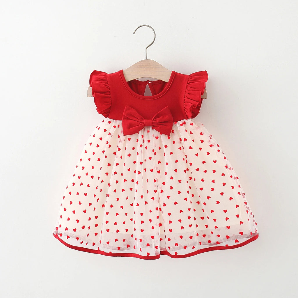 Baby Girl Red Dress Heart Embroidered Mesh Bow Tutu Dress Kids