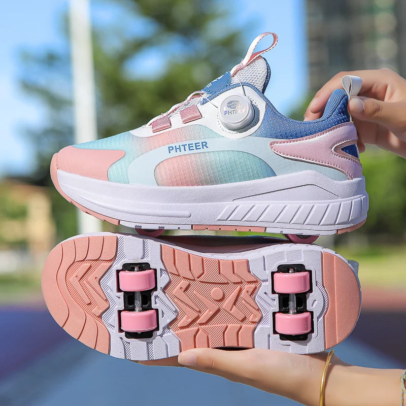 Kids Two Wheels Roller Skating Shoes With Light Magic Stick Walking