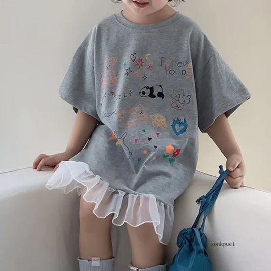 2024 Summer New Girls Short Sleeve Casual Dress Cute Flower Print