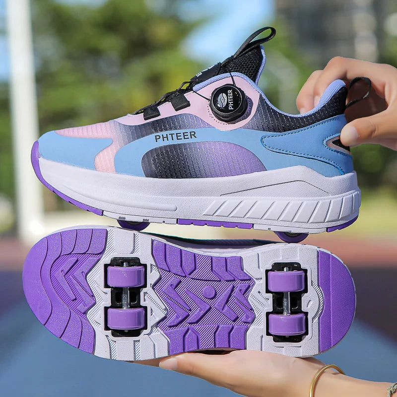 Kids Two Wheels Roller Skating Shoes With Light Magic Stick Walking