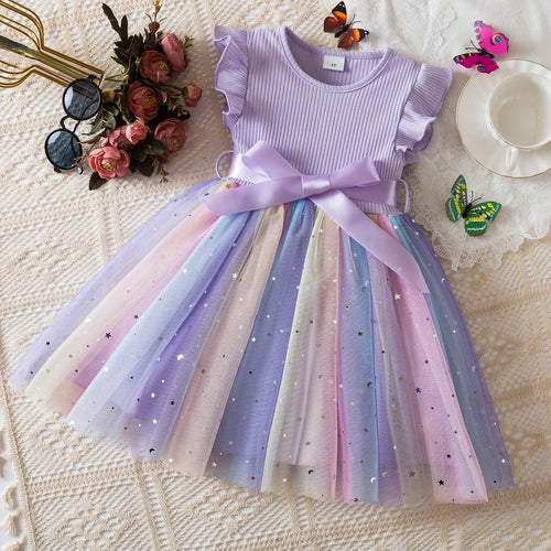 New Girls Dress for Sequins Birthday 1-5Y Toddler Girls Rainbow Tulle
