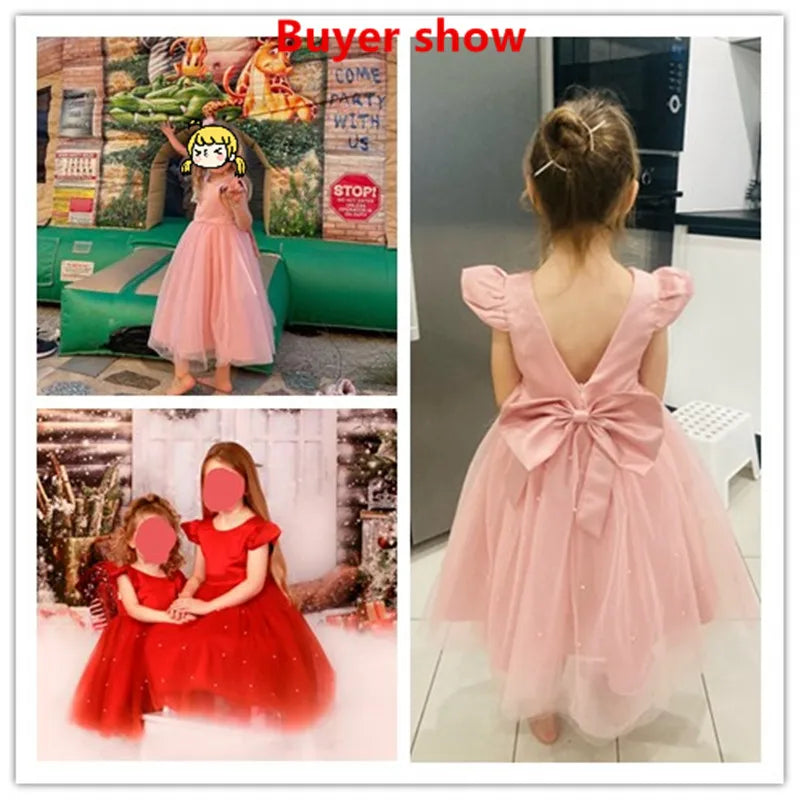 Toddler Girl Flower Birthday Tulle Dress Backless Bow Wedding Gown
