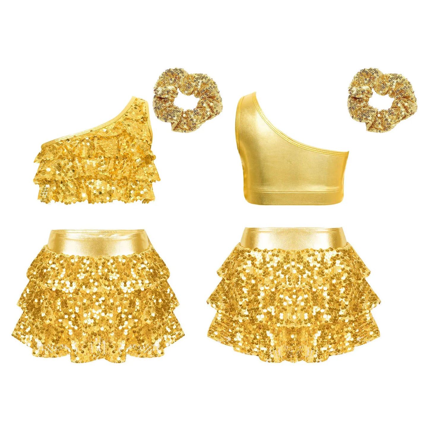 Kids Girls Shiny Sequined Modern Latin Jazz Dance Costume Outfits Single Shoulder Crop Top+Tiered Ruffle Skirted Shorts+Headwear