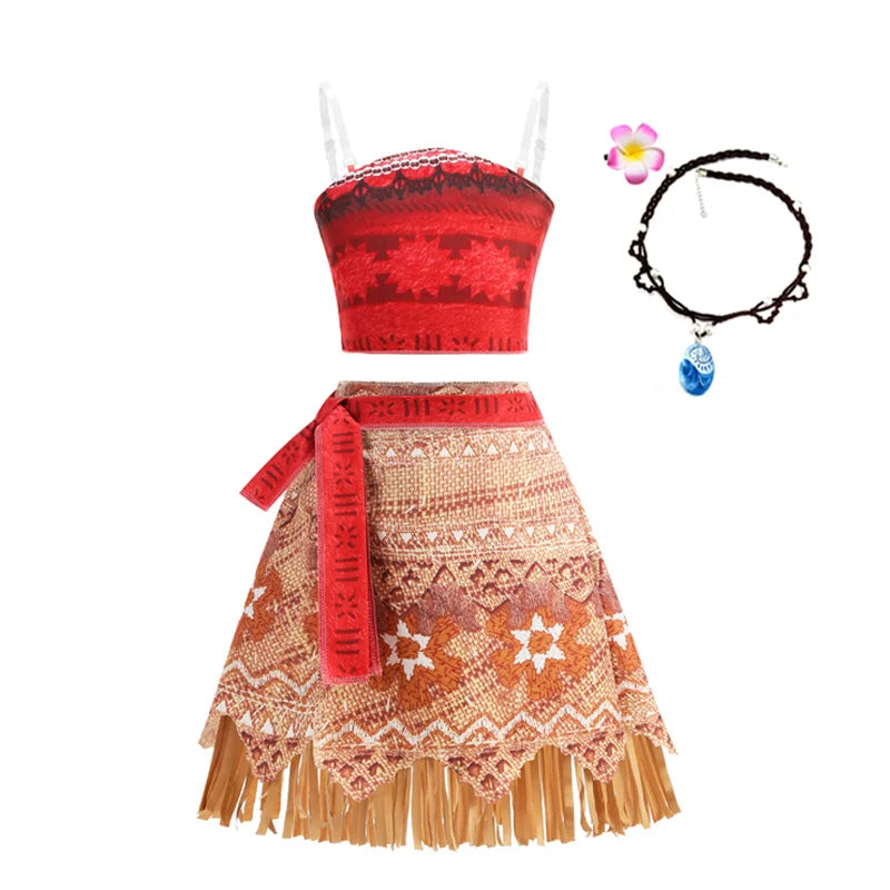 Girls Moana Princess Dress for Kids Carnival Cosplay Vaiana Costume Children Birthday Party Headwear Necklace Flower Clothes Set