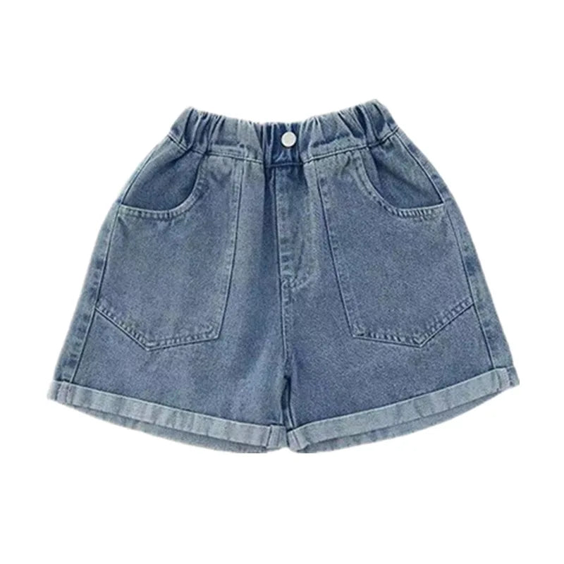 2025 Summer Teen Girls Denim Shorts Clothes New Arrival Kids Child Elastic Waist Fashion Pocket Design Shorts Age 5-14 Years Old