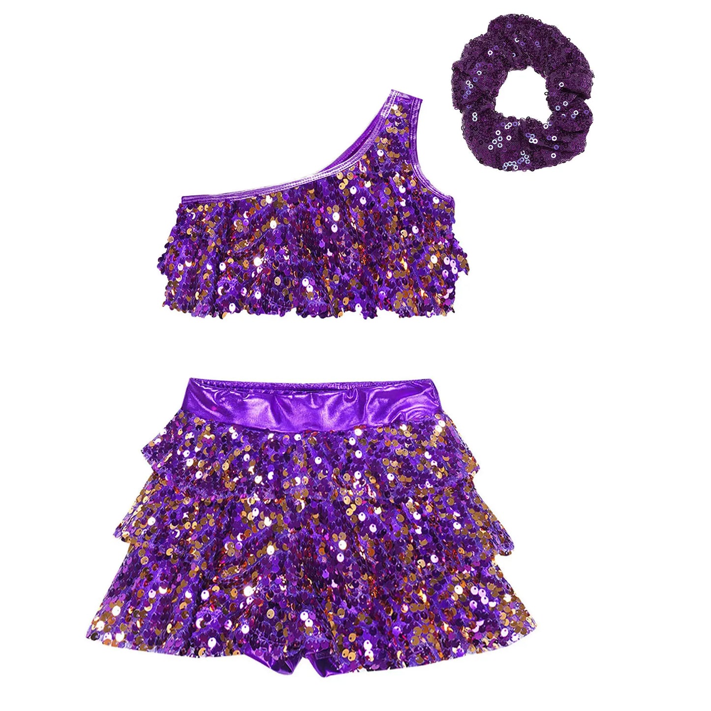 Kids Girls Shiny Sequined Modern Latin Jazz Dance Costume Outfits Single Shoulder Crop Top+Tiered Ruffle Skirted Shorts+Headwear