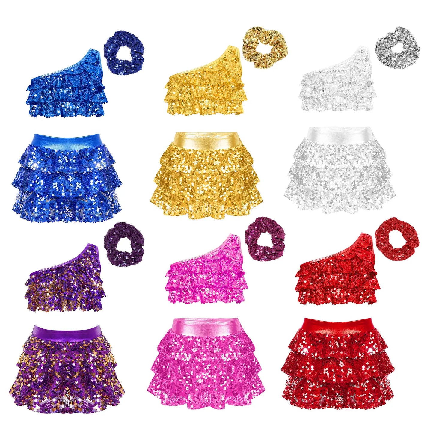 Kids Girls Shiny Sequined Modern Latin Jazz Dance Costume Outfits Single Shoulder Crop Top+Tiered Ruffle Skirted Shorts+Headwear