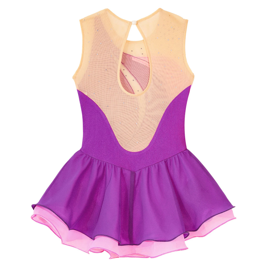 Girls Sleeveless Chiffon Figure Skating Dress Shiny Rhinestone Ballet Gymnastics Dance Leotard Performance Competition Costume