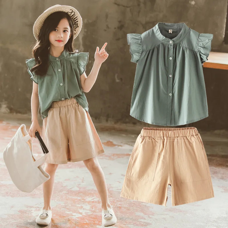 2025 new teenager Summer Kids Girls clothes Flying Sleeve blouse Shirt + short Leisure loose Pants teens 7 8 9 11 12 13 14 years