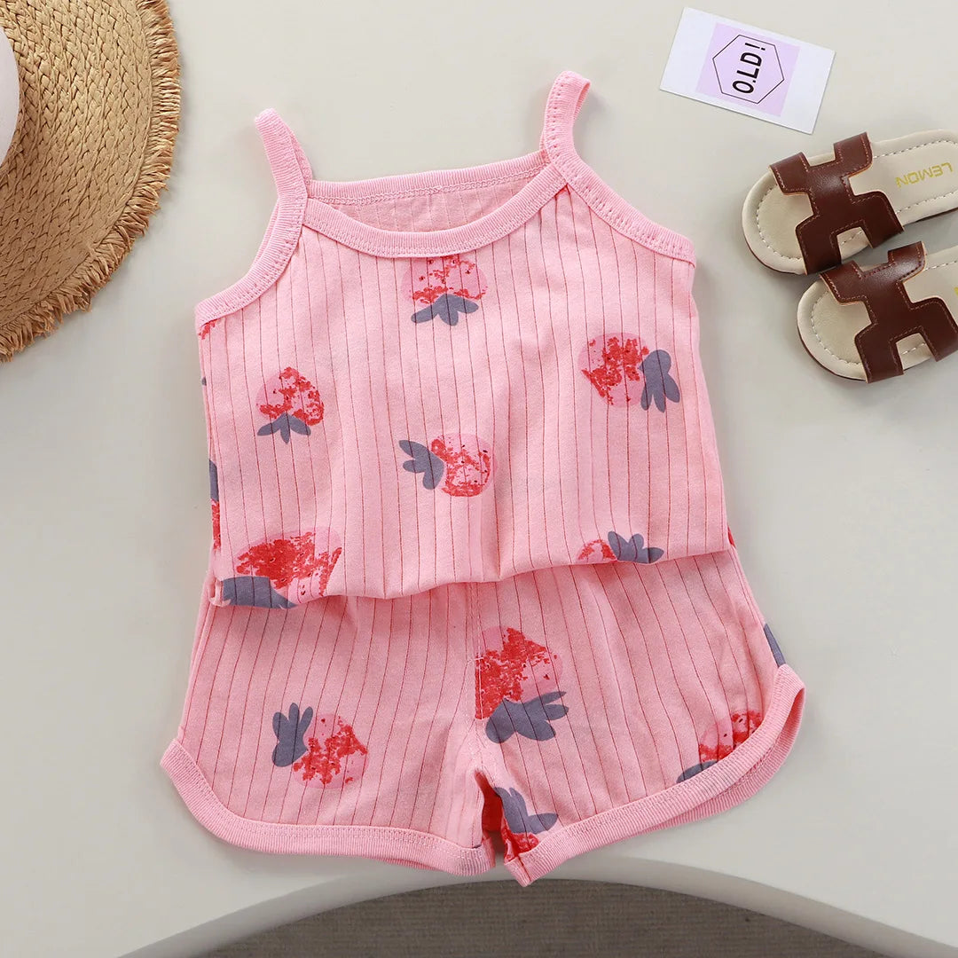 Girls Summer Clothes Sets New Baby Sleeveless Tops Shorts 2 Pieces Suit Girls Square Collar Clothing Set Kids Cotton Clothes
