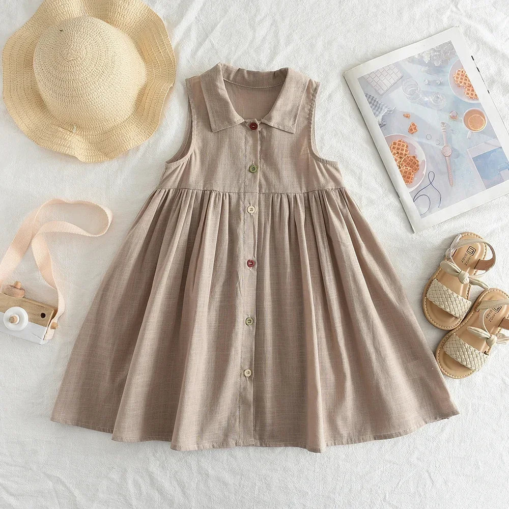 Summer New Solid Baby Girl Dress Cotton Button Kids Dresses Summer Princess Party Dress Toddler Girls Sundress Kids Clothes
