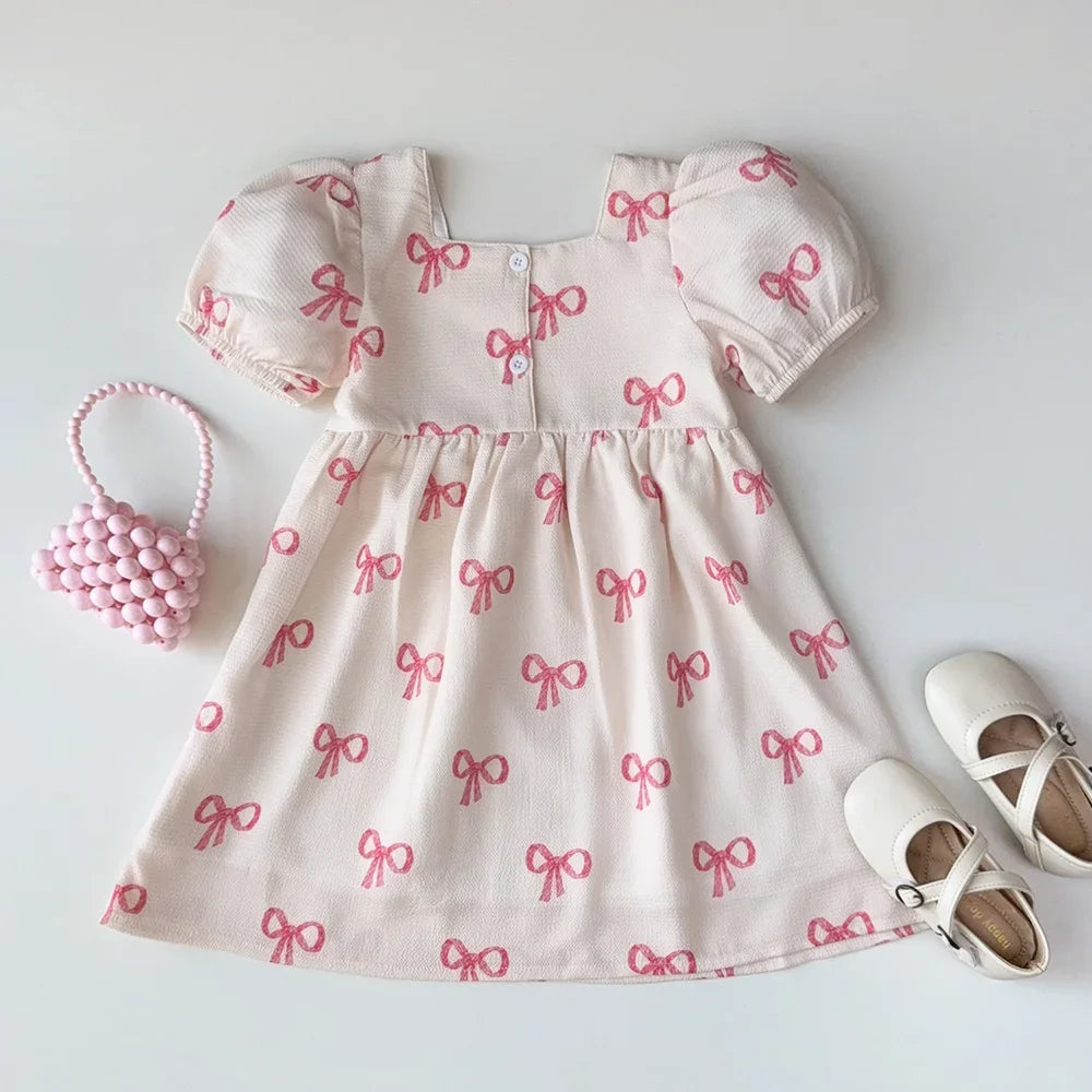 Bear Leader Summer Short Sleeved Girls Casual Dresses Pink Bow Print Square Neck Sweet Princess Dress Daily Simple Kids Clothes