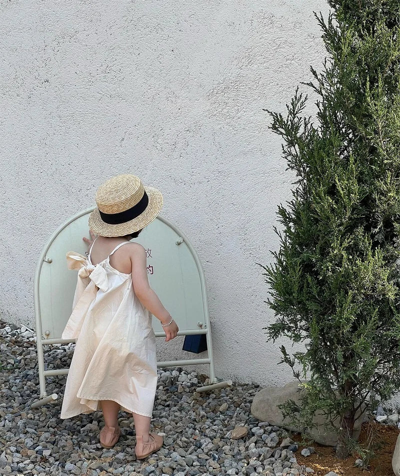 Fashion Baby Girl Princess Cotton Strap Dress Bow Infant Toddler Child Suspender Vestido Solid Color Summer Baby Clothes 1-10Y