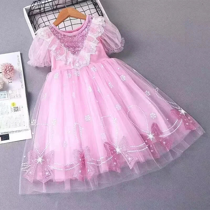 Teen Girls Mesh Dress Summer Princess Tulle Tutu Gown New Children Print Bow Short-sleeve Clothes Kids Birthday A-Line Dresses