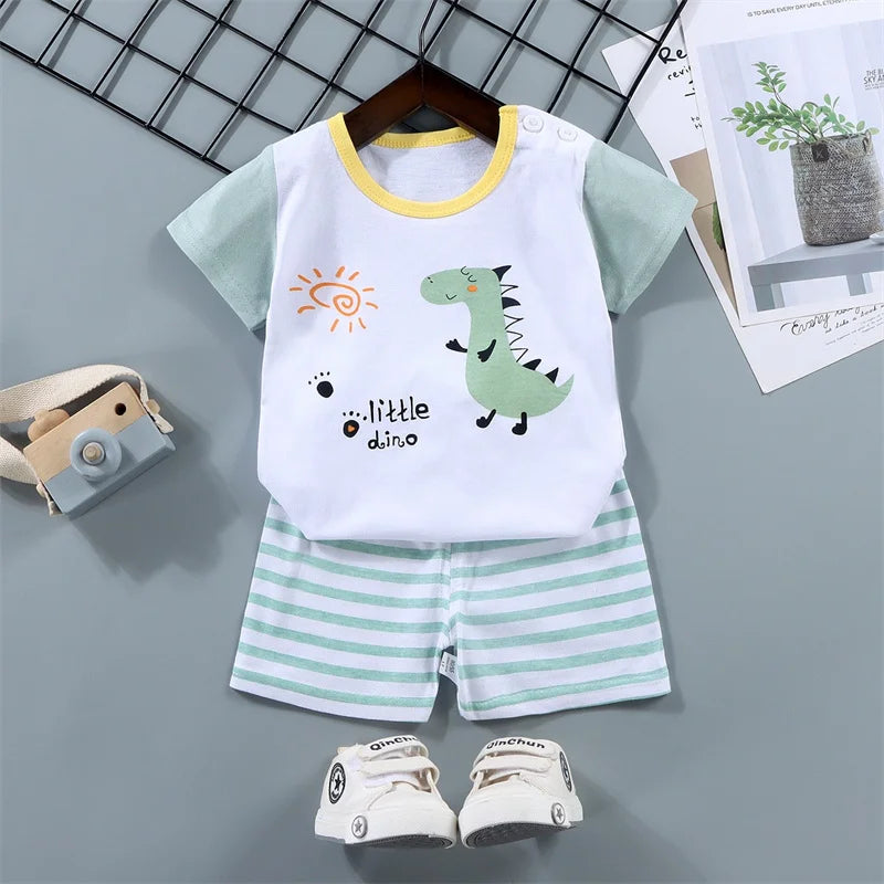 1-6 Years Kids Summer Tees+Stripe Shorts 2-piece Clothes Set Pajama Cotton Underwear Cartoon Zebra Dinosaur Print Sleepwear Suit