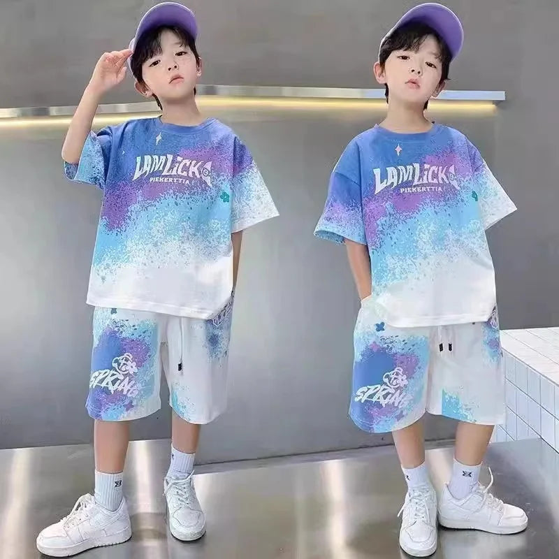 Boys Loose Casual Sets Summer Teen Gradient T-shirts+Shorts 2Pcs Big Kids Sport Short Sleeve Clothes Suits Children Print Outfit