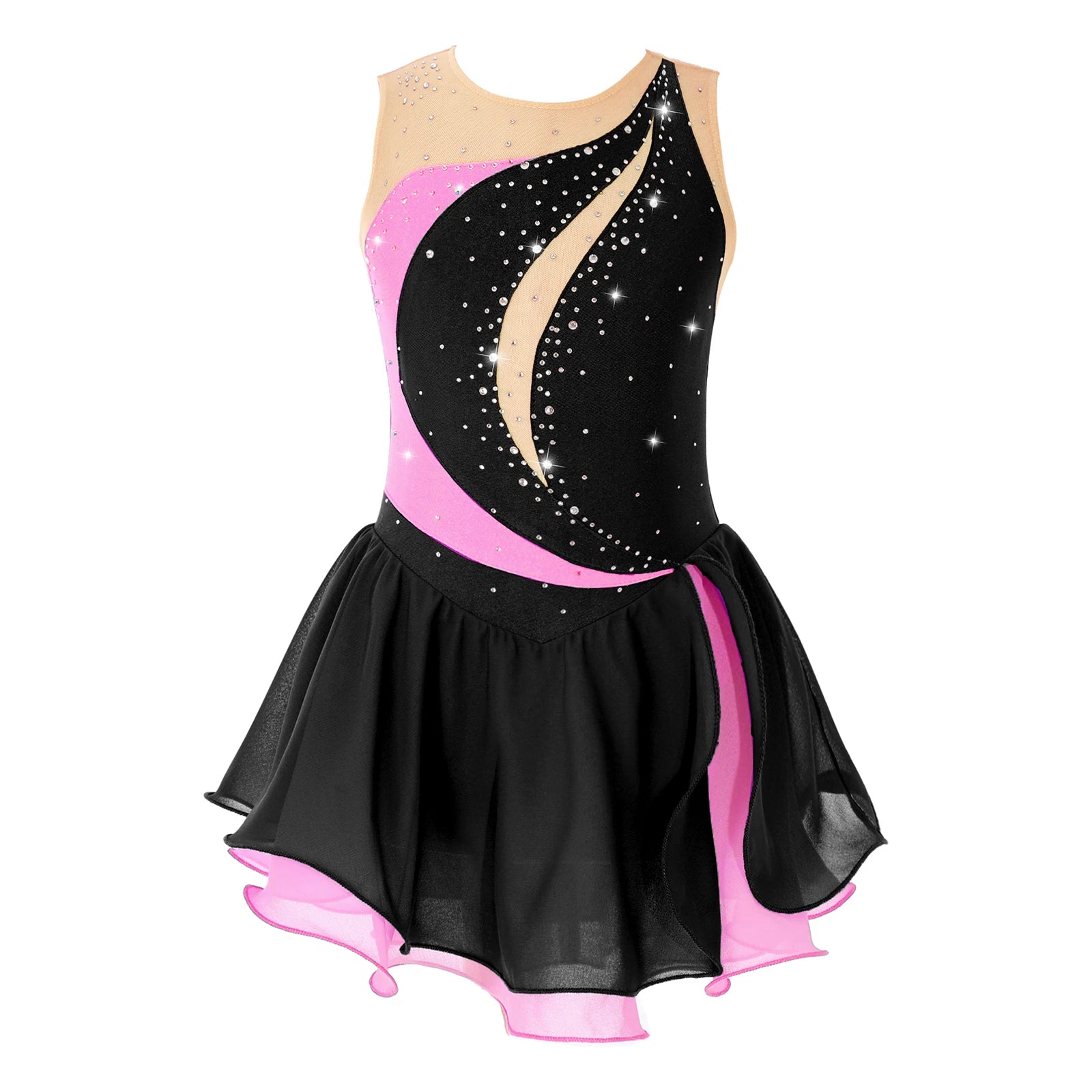 Girls Sleeveless Chiffon Figure Skating Dress Shiny Rhinestone Ballet Gymnastics Dance Leotard Performance Competition Costume