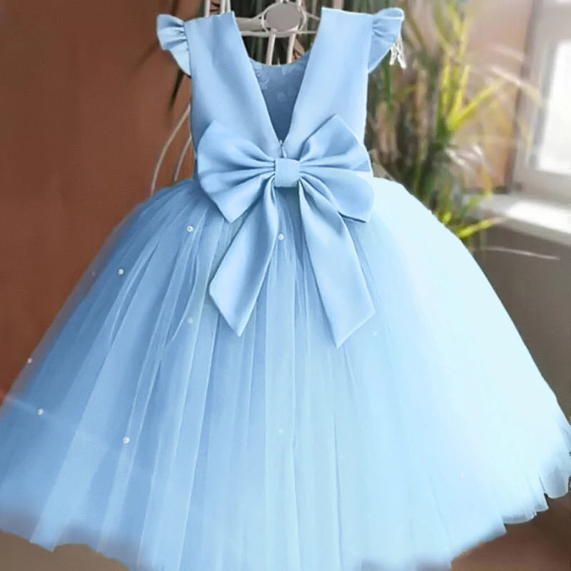 Toddler Girl Flower Birthday Tulle Dress Backless Bow Wedding Gown 1-8Y Kids Party Wear Princess Dress Baby Girl Bowknot Dresses