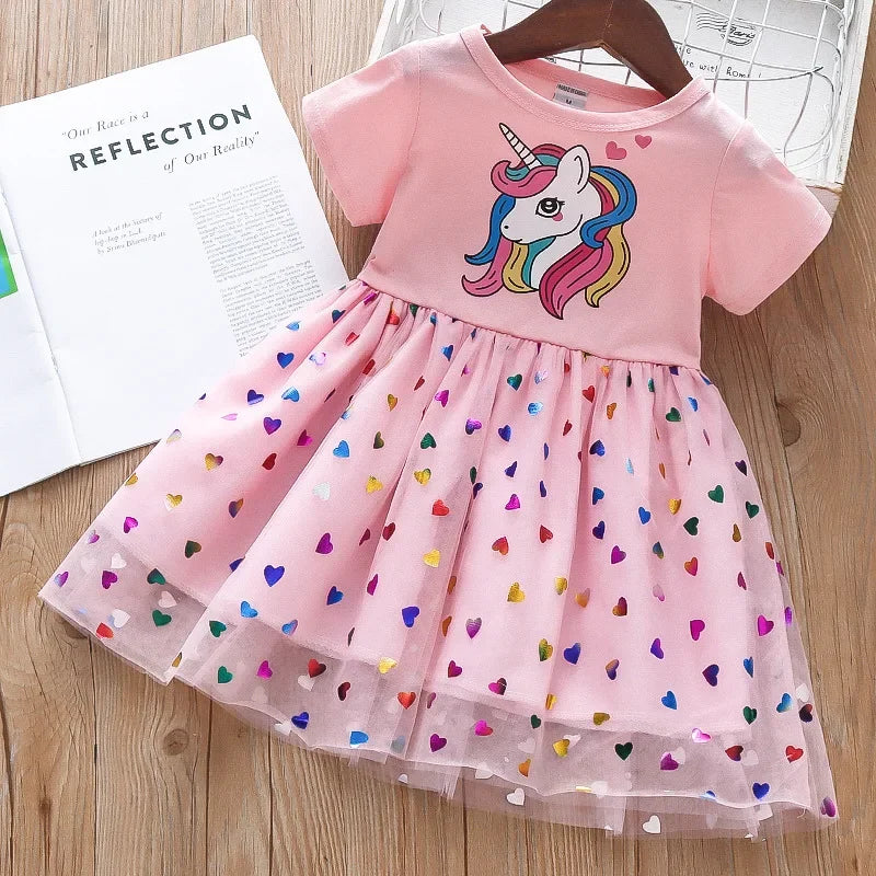Kids Dresses for Girls Sohort Sleeve Unicorn Girls Sequins Costume Princess Dress Kids Daily Clothes