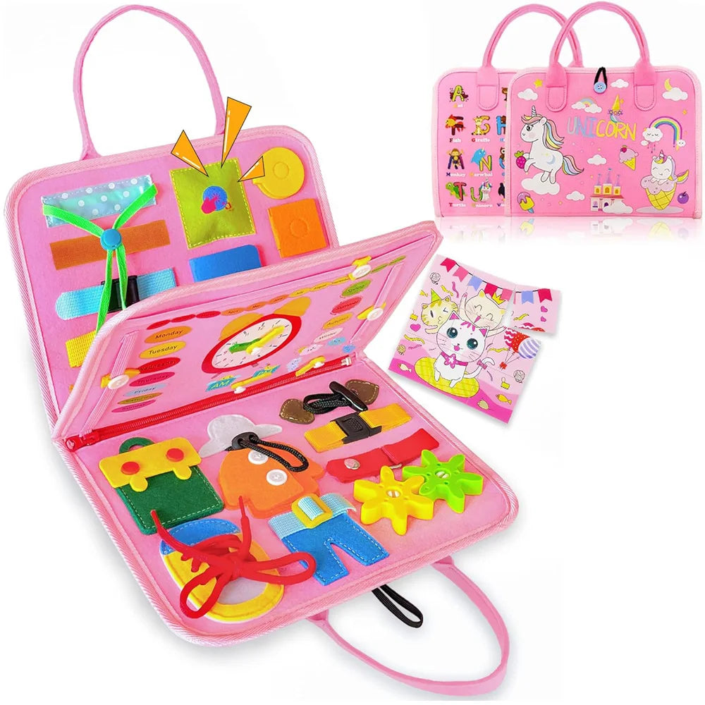 Toddler Busy Board Montessori Toys Learning Educational Activities Travel Toy Dinosaur Dress up  Sensory Life Skill Backpack
