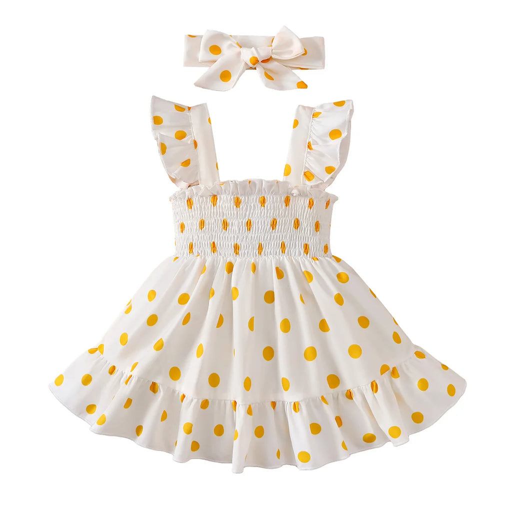 3-24Months Infant Baby Girl Golden Dot Slip Blue Dress Toddler Girl Summer Fashion Party Princess Dresses with Headband 2Pcs Set