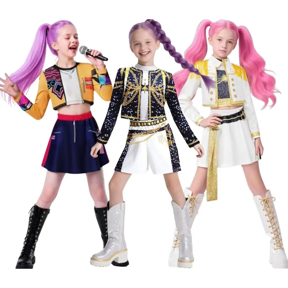 Kids Girls Kpop Rumi Zoey Mira Demon Hunters Cosplay Costume Disguise for Child Printed Clothes Roleplay Halloween Carnival Suit