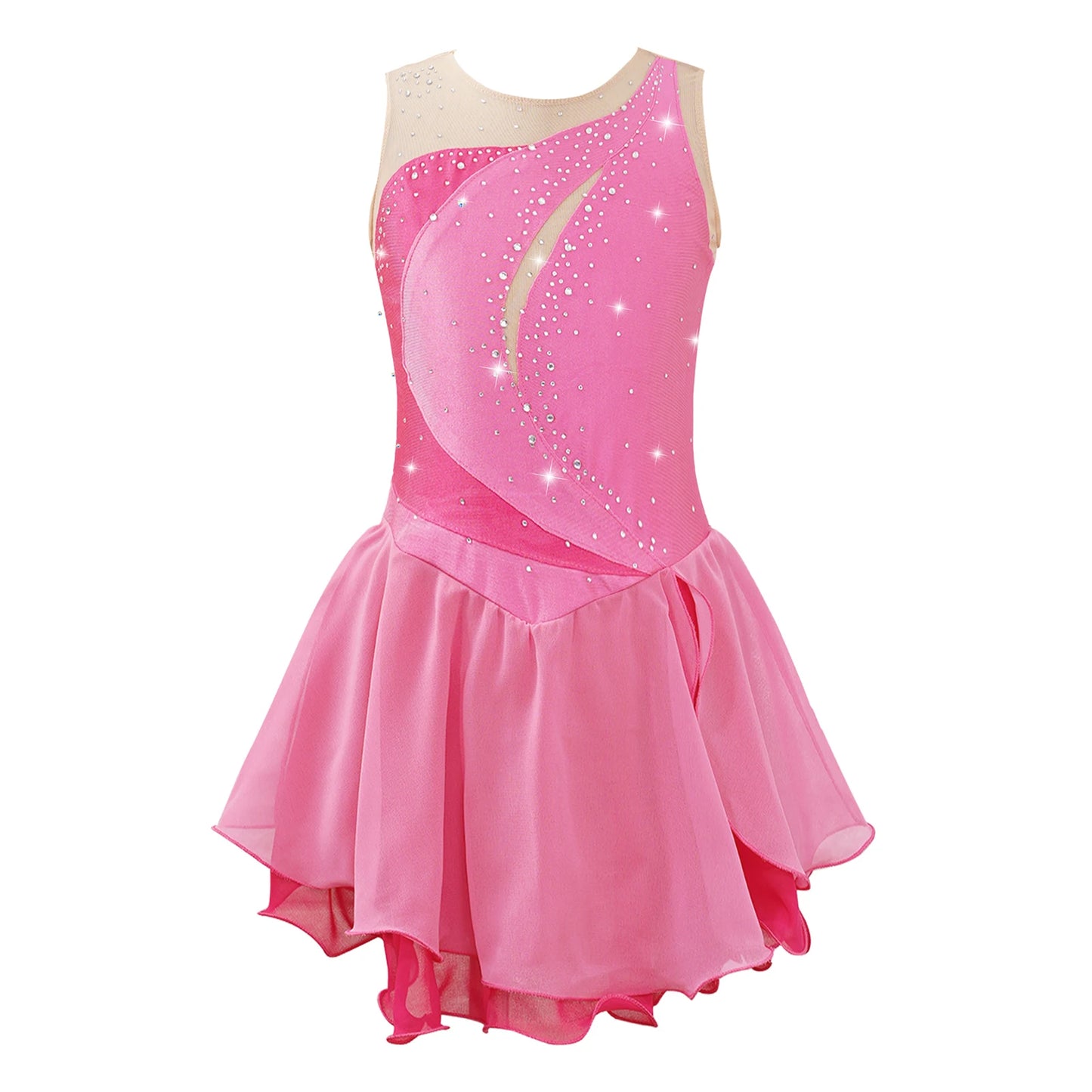 Girls Sleeveless Chiffon Figure Skating Dress Shiny Rhinestone Ballet Gymnastics Dance Leotard Performance Competition Costume