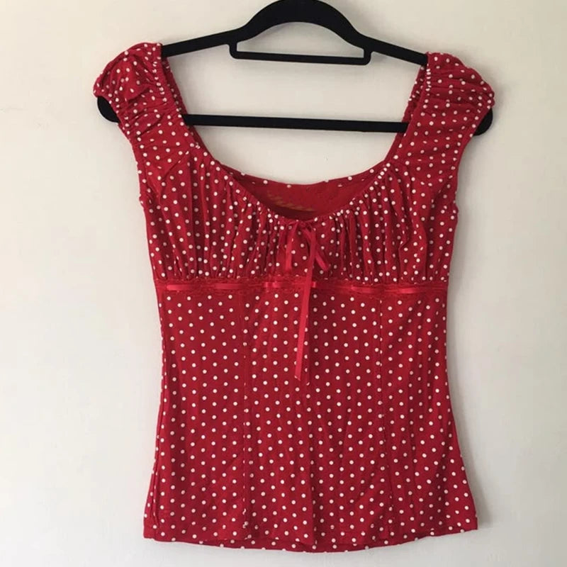 Polka Dot Milkmaid Baby Tees Coquette Vintage Cap Sleeve Crop Tops Teen Girl 2000s Retro Cute Suqare Collar T-shirt Y2k Clothes